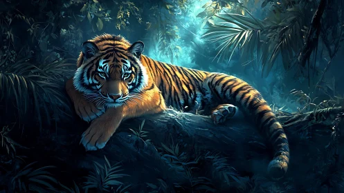 Solitary tiger rests in moonlit jungle shadows with quiet power