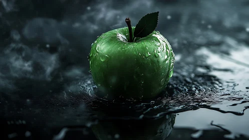 Green apple in dramatic water splash under moody light.