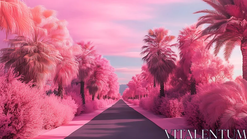 Infrared-style palm avenue under monochrome magenta sky