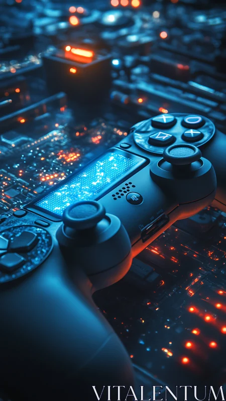 Neon gamepad dreaming over a glowing circuit cityscape.