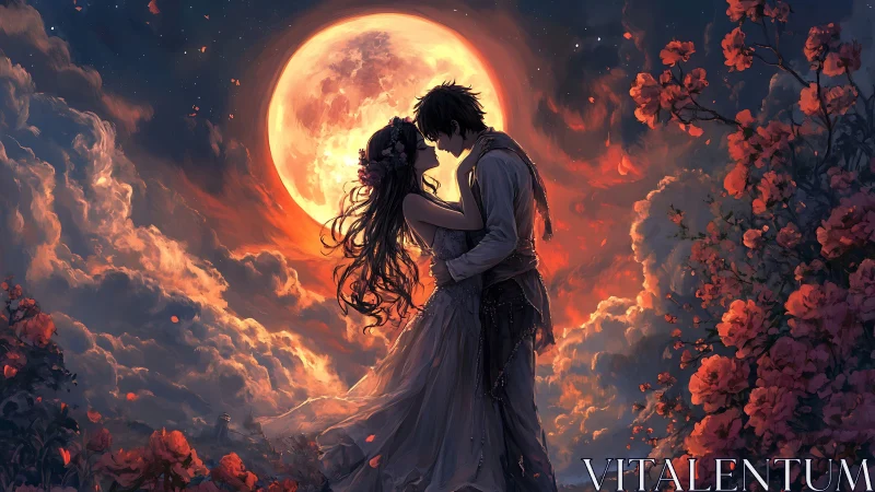Couple kissing under massive reddish moon with flowering vines