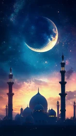 Crescent moon above silhouetted domed mosque at dusk sky.