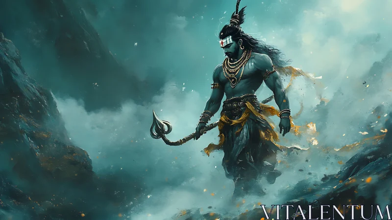 Mythic warrior striding through storm-laden mountain mist.