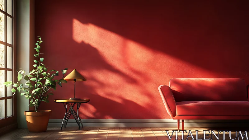 Minimal red living room wall with sofa and sunlight.