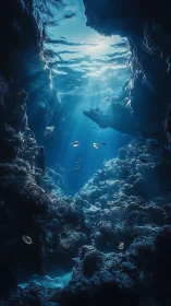 Sunlit blue chasm revealing tranquil undersea cavernscape.