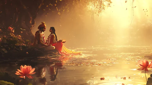 Sunlit river tryst with floral garlands and lotus whispers.