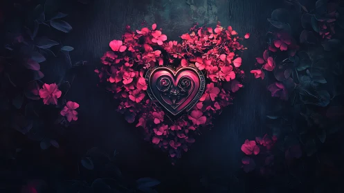 Ornamental Heart Suspended Among Neon Floral Petals in Darkened Environment