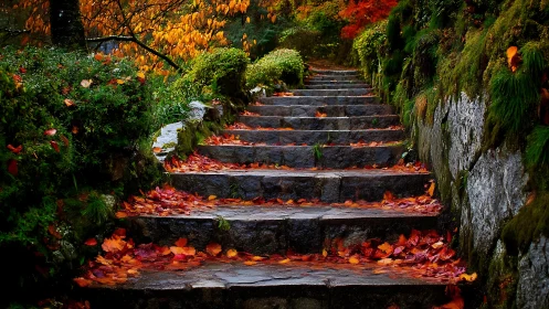 Stone garden steps layered with vivid autumn leaves.