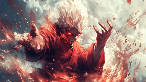 Pyrokinetic white‑haired mage channels radial fire vortex in sky