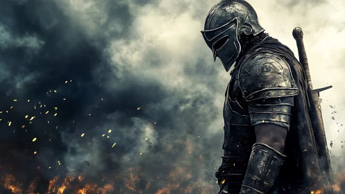 Armored knight in profile amid smoke, sparks, and embers