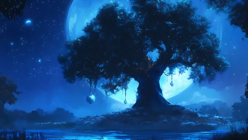 Large illuminated tree before full moon over calm water.