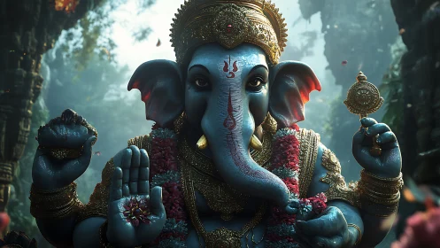 Divine elephant-headed deity in ornate 3D render portrait.