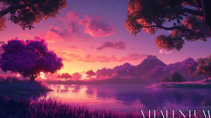 Vibrant purple forest lake at sunset with distant hill.