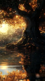 Ancient autumn tree glows beside reflective forest water