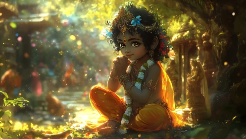 Divine child in bright garlands sitting in sunlit forest.