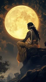 Moonlit deity in golden robes contemplates a silent night sky