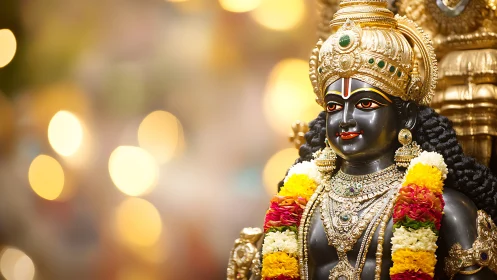 Radiant temple deity crowned with jewels and soft golden light.