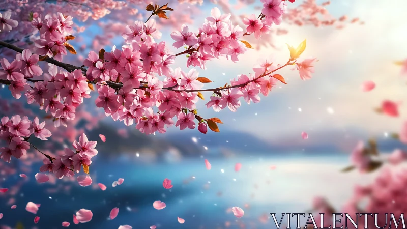 Cherry Blossoms Over Misty Water at Sunrise