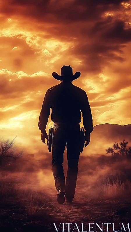 Lone cowboy silhouette under blazing cinematic sunset sky.