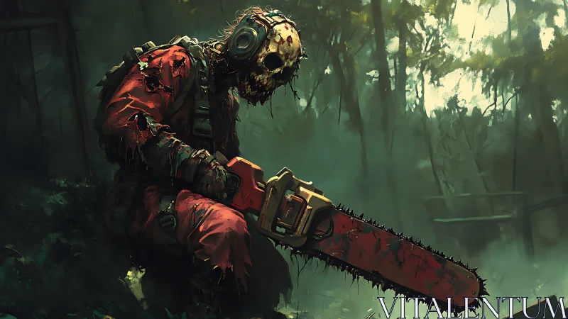 Eerie forest wanderer rests with a stained chainsaw in hand