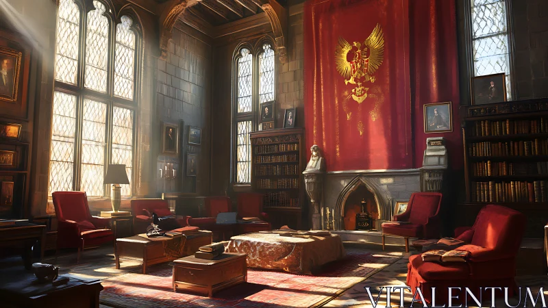 Gothic reading lounge with heraldic tapestry and volumetric light.