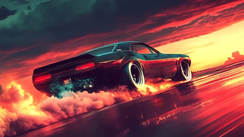 Muscle car powers through neon sunset clouds in motion.