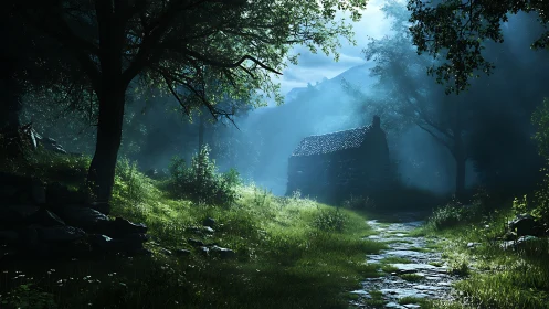 Stone cabin in misty forest clearing at early morning light.