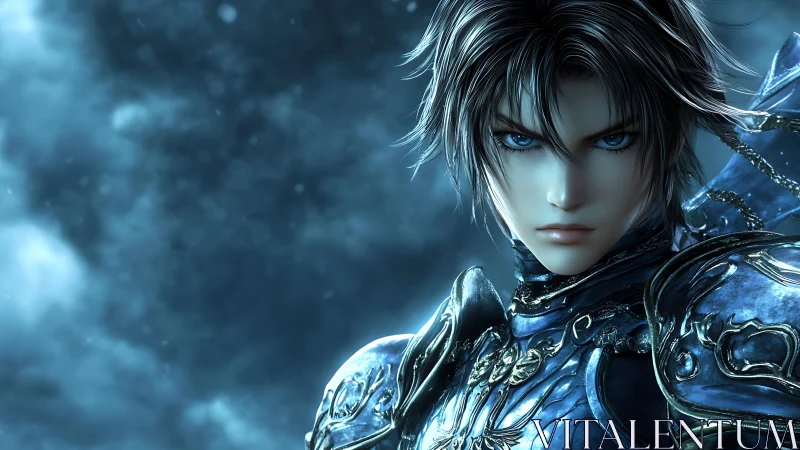 Ice-lit anime warrior in ornate blue plate armor close-up portrait