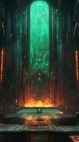 Gigantic emerald data core ignites a cavernous sci‑fi hall.