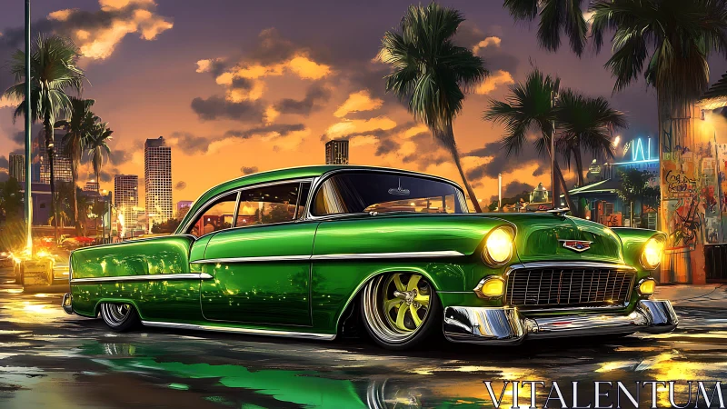 Custom lowrider Chevy rendered in hyper-detailed urban sunset scene
