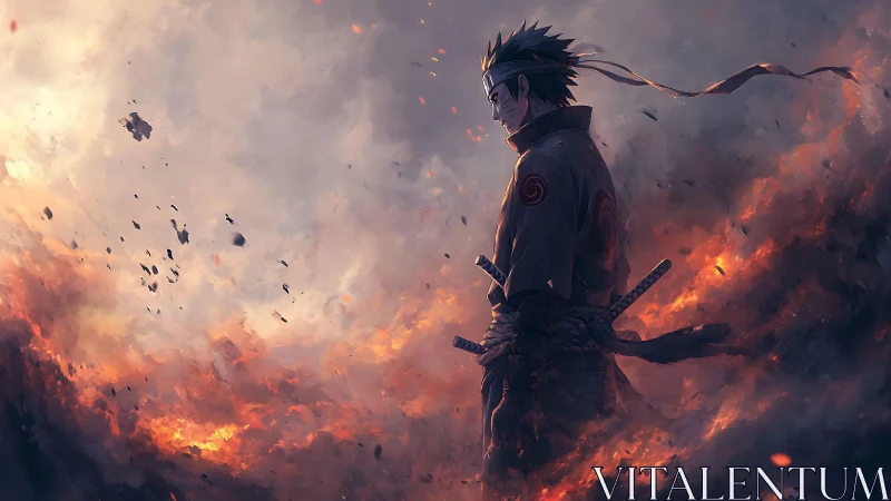 Solitary anime swordsman in burning twilight haze.