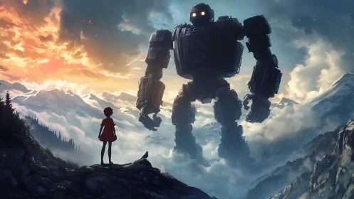 Giant robot meets lone child above misty mountain valley.