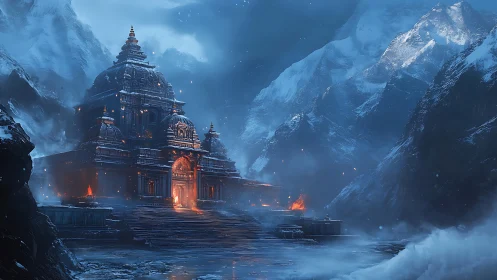 Ancient mountain temple burns with mystical winter fire.