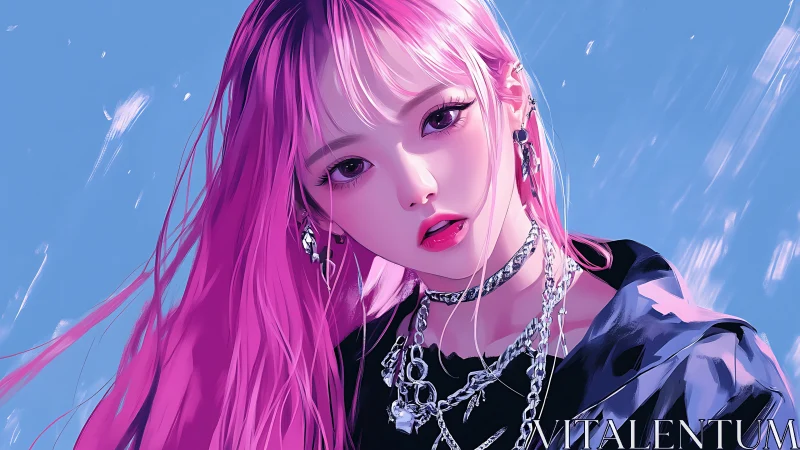 Pink haired girl portrait with chains against blue sky.
