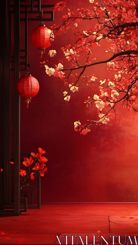 Red lanterns and cherry blossoms in warm festive light.