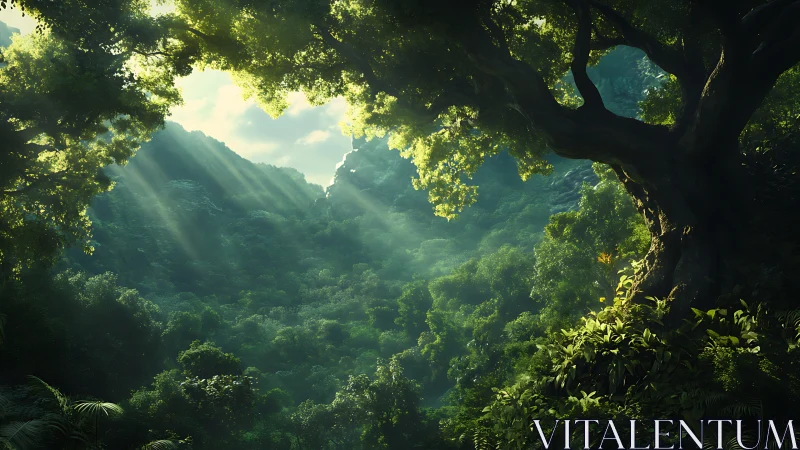 Chiaroscuro Canopy Framing: Dense Tropical Forest Valley With Volumetric Light Diffusion