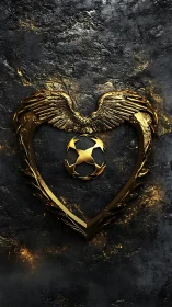 Golden winged heart emblem glows against dark stone texture
