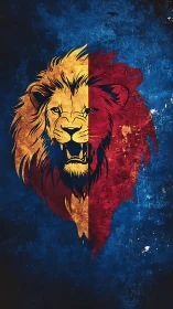 Split-color lion crest against distressed blue texture.