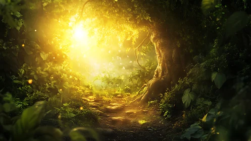 Enchanted forest path glows with golden, magical sunlight.