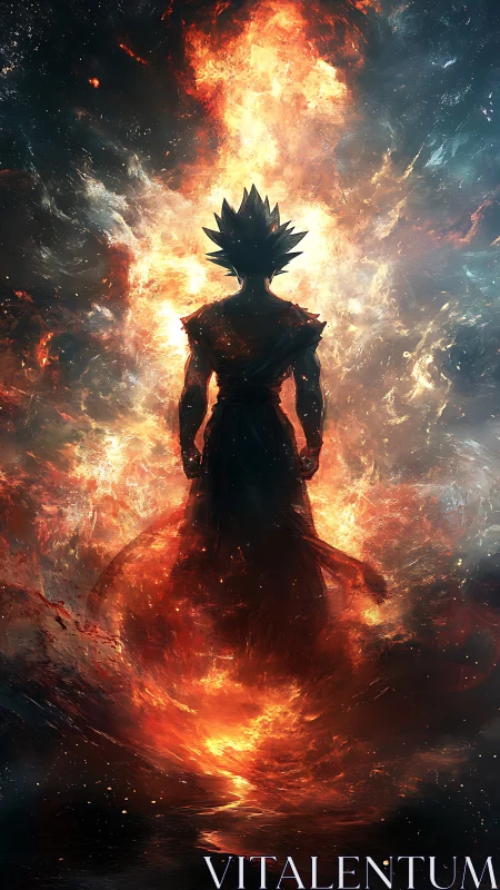 Blazing warrior rises in a storm of cosmic fire and power