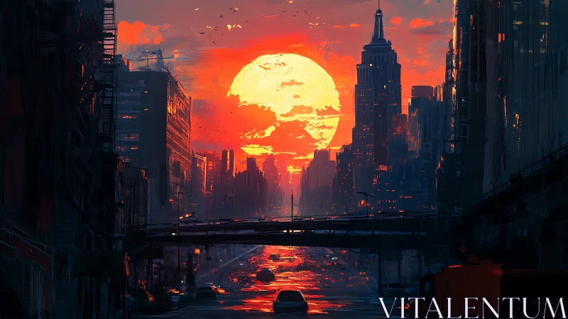 Digital painting of neon sunset cityscape with central bridge.