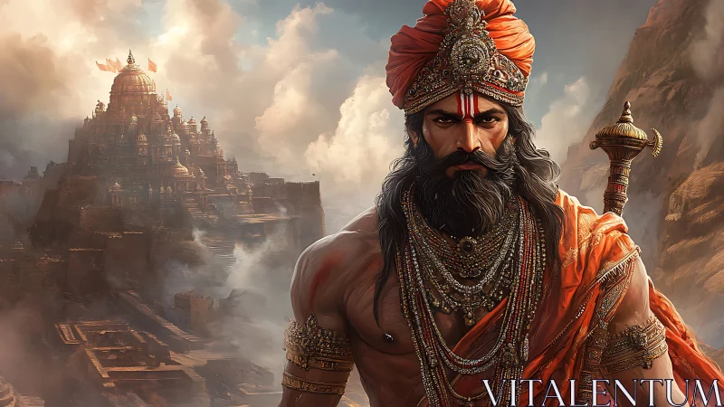 Regal warrior saint standing proud before misty temple city.