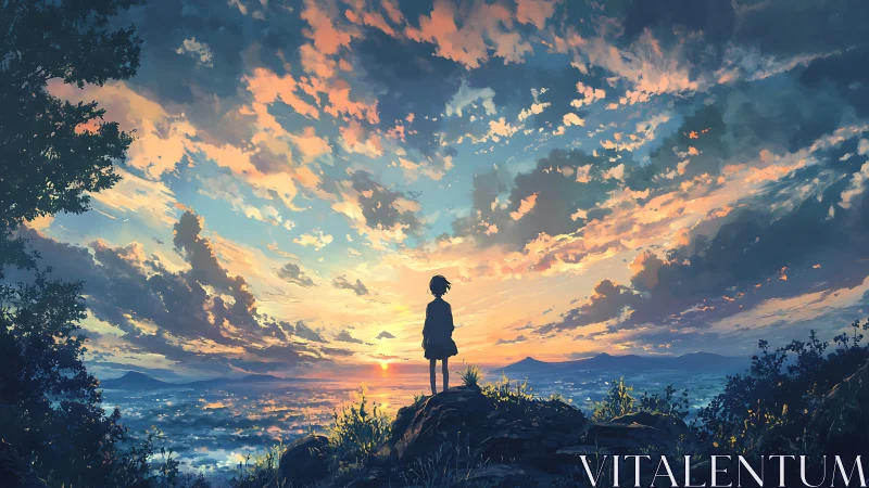 Backlit child silhouette observing high-saturation panoramic sunset