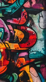 Chromatic urban graffiti abstraction on textured brick wall.