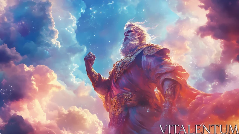 Celestial storm god rising within prismatic ethereal clouds.