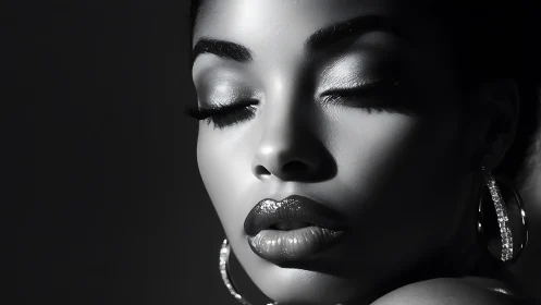 Monochrome close-up portrait with closed eyes and earrings.