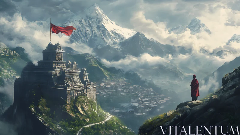 Digital painting of monastic fortress over misted alpine valley.