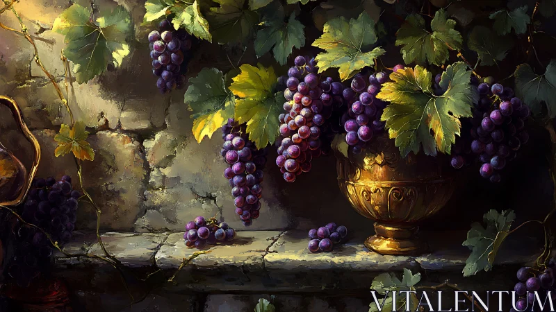 Gilded bowl of twilight grapes on weathered stone ledge.