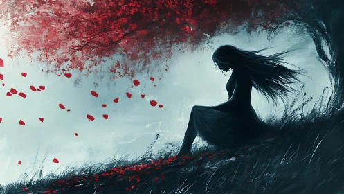 Melancholic girl silhouette under crimson blossom canopy.