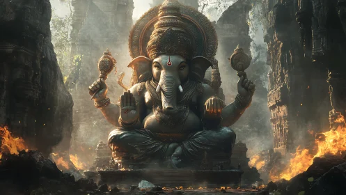 Hyperreal Ganesha shrine amid incendiary canyon ruins.